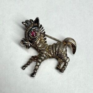 Vintage Les Bernard Sterling Zebra / Donkey Brooch Pin Ruby Eye Signed